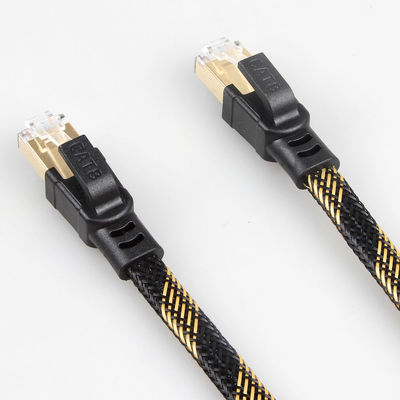 안정적 RJ45 Cat8 패치 케이블 나일론은 검은 노란 고속도를 땋았습니다